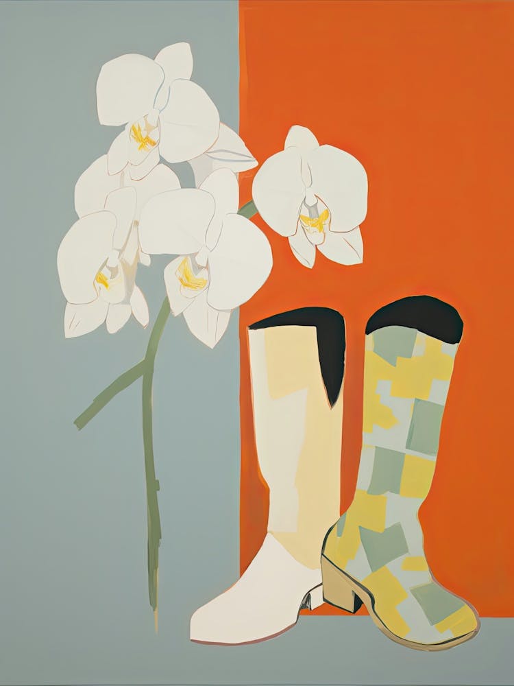 A Painting Of Cowboy Boots With White Flowers, Pop Art Style 15