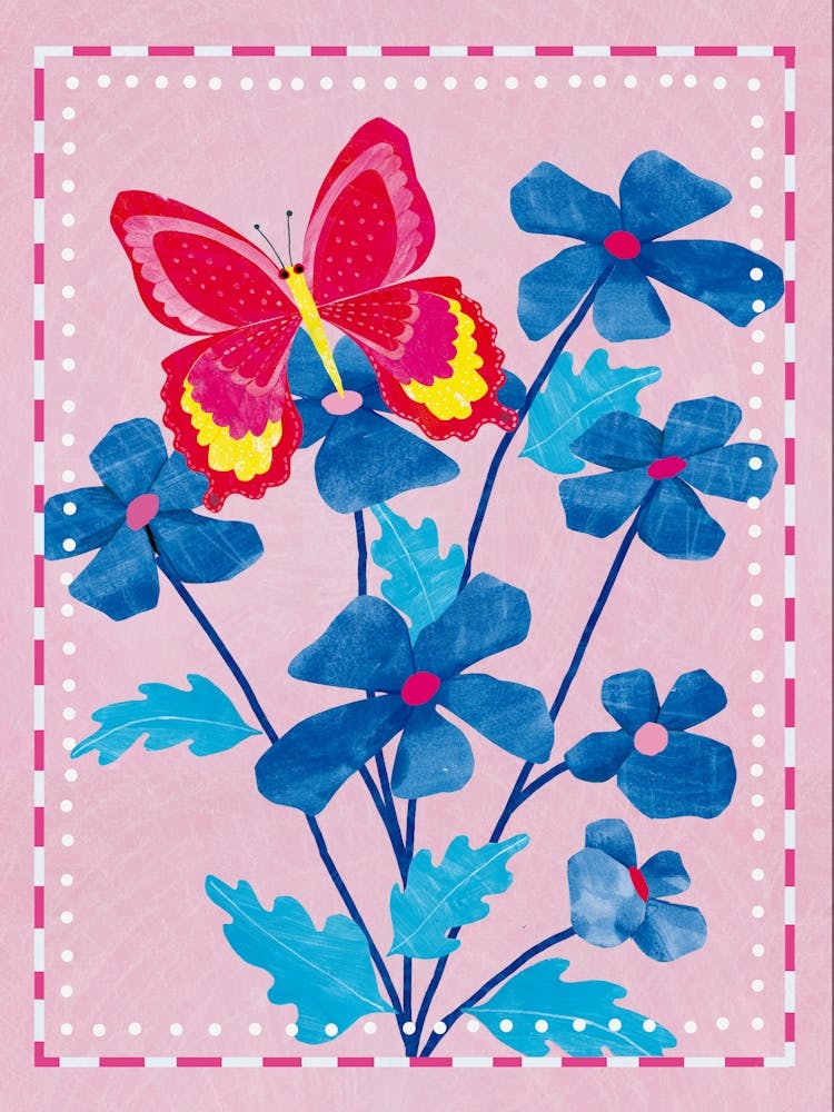 Pink Butterfly On A Blue Flower