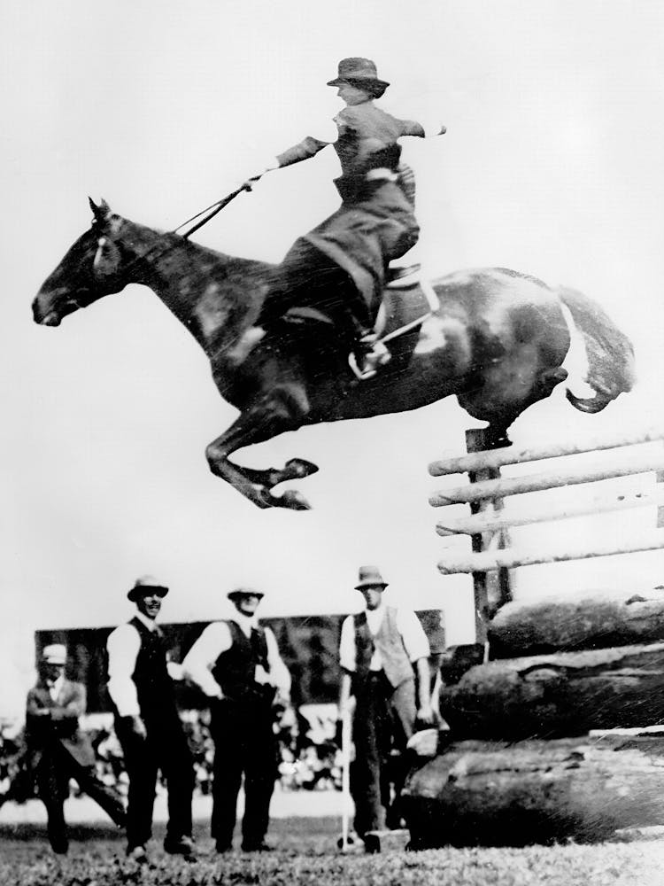 Horse Jumping Over Fence, Western Aesthetic, Vintage Black and White Old Photo 1