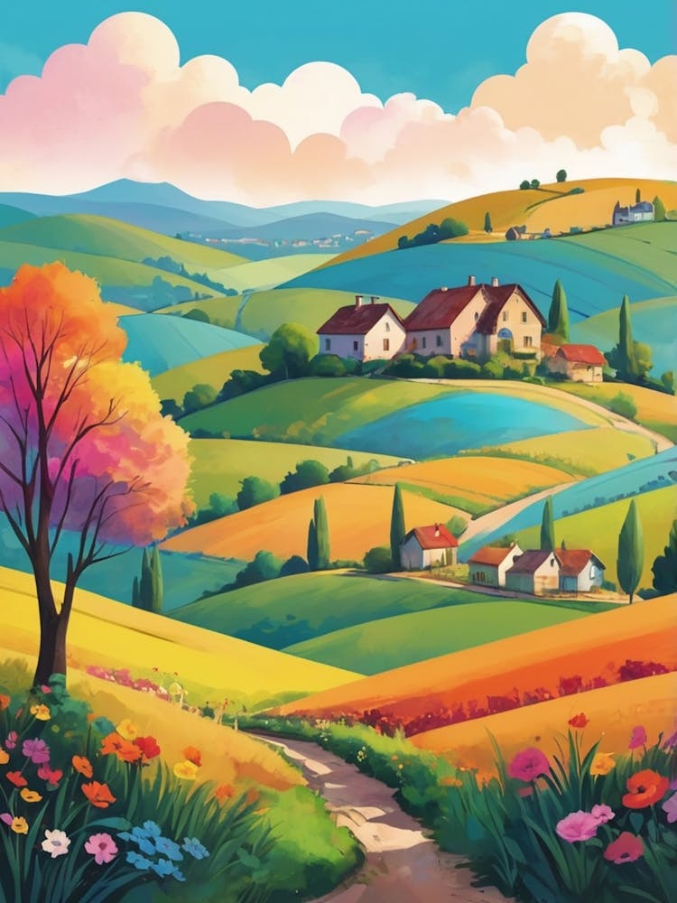 Colorful Countryside Landscape Illustration
