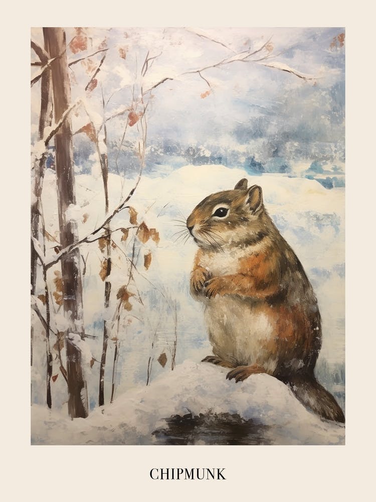 Vintage Winter Animal Painting Poster Chipmunk 1