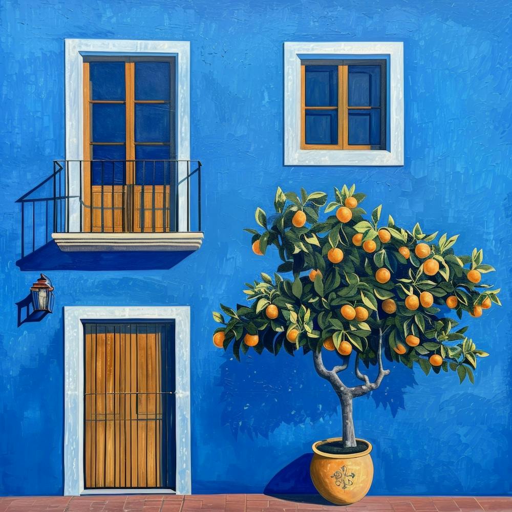 Orange Tree On Blue House