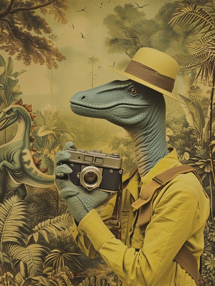Retro Collage Dinosaur Taking A Photo On An Analogue Camera 3