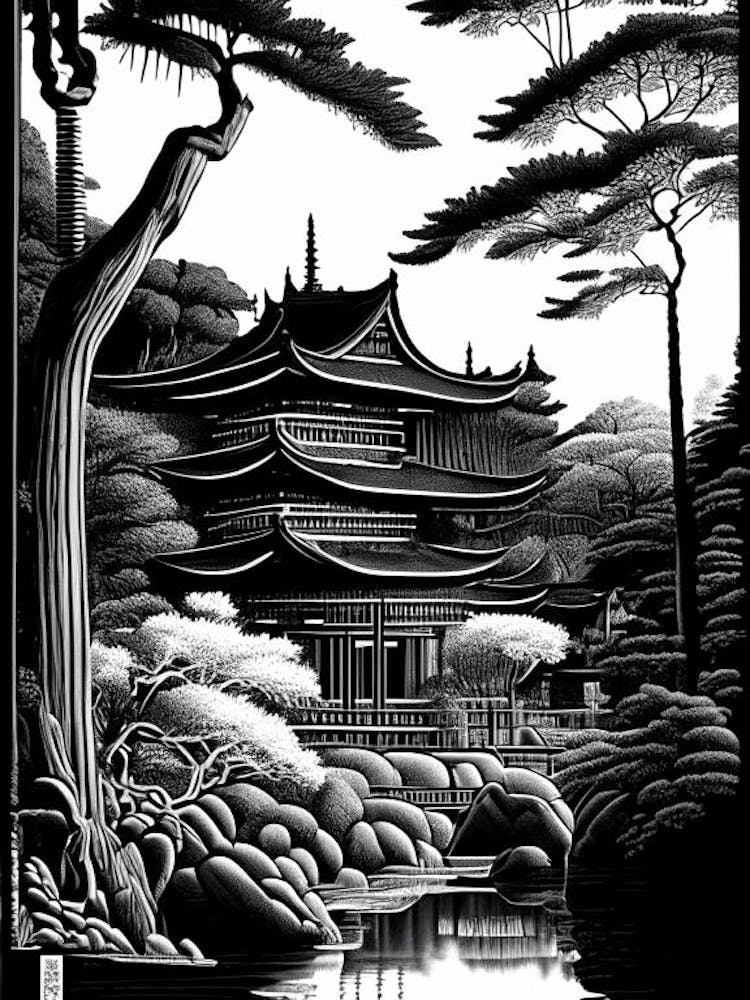 Ginkaku Ji Temple, 1 Japan Linocut Black And White Vintage