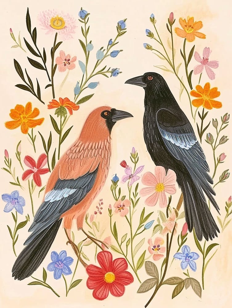 Folksy Floral Animal Drawing Raven 8