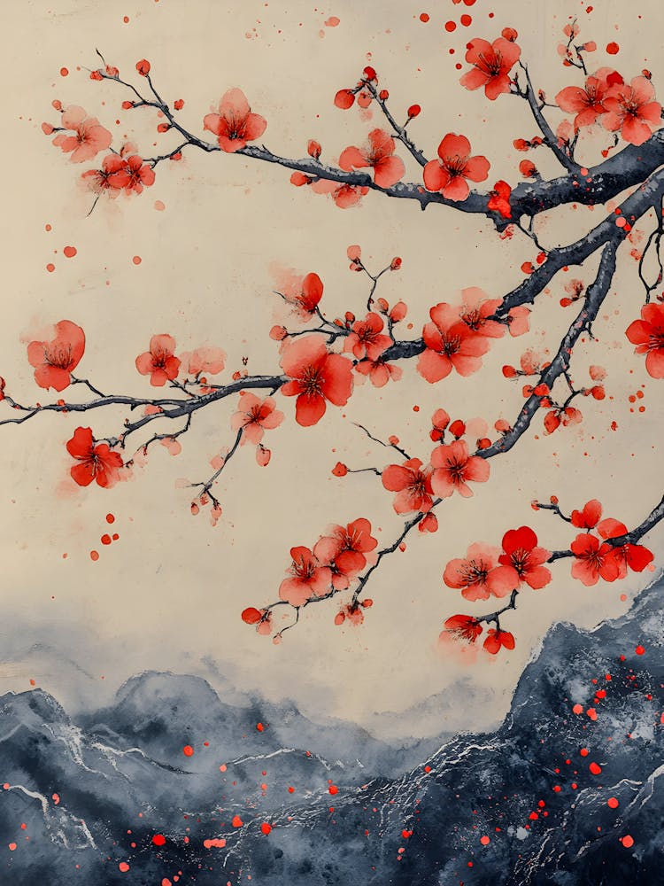 Gelassener Kirschblütenzweig Aquarell mit nebliger Berglandschaft | Asiatisch inspirierte Blumenkunst