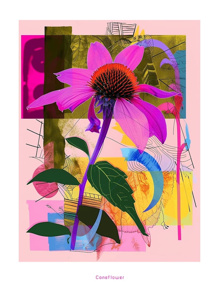 Coneflower 1 Neon Flower Collage Poster