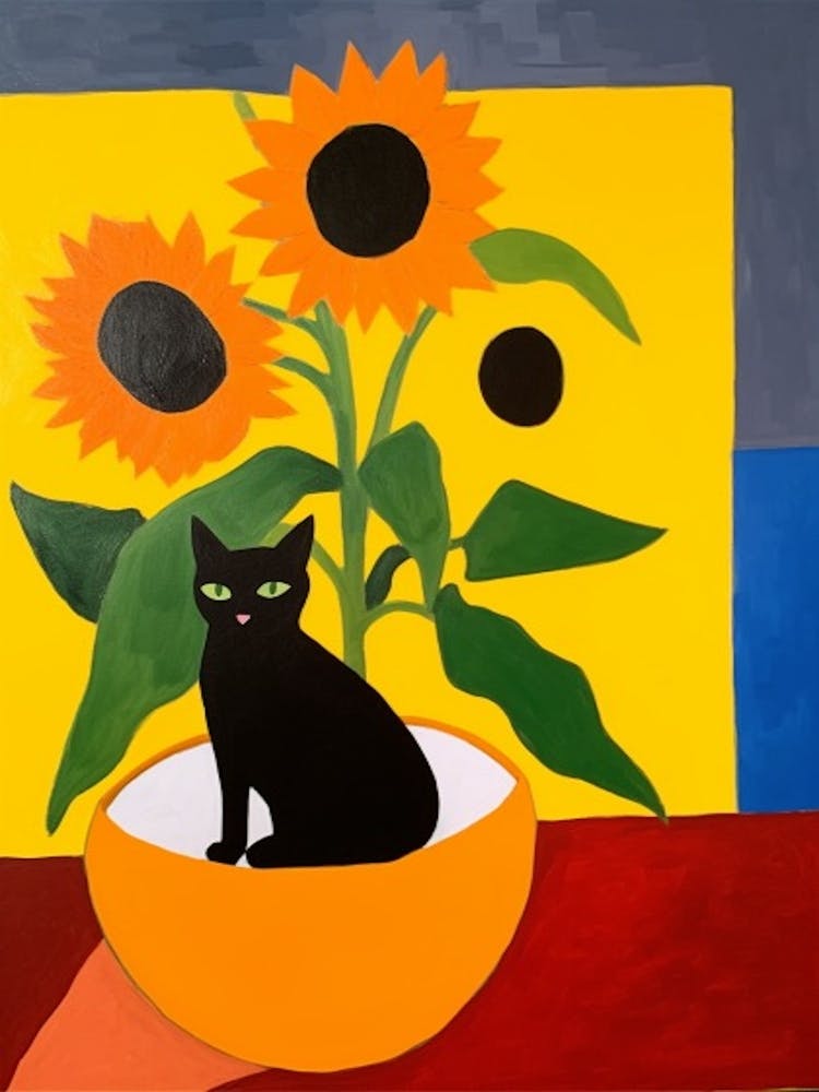 Painting Of A Still Life Of A Sunflower With A Cat In The Style Of Matisse 4