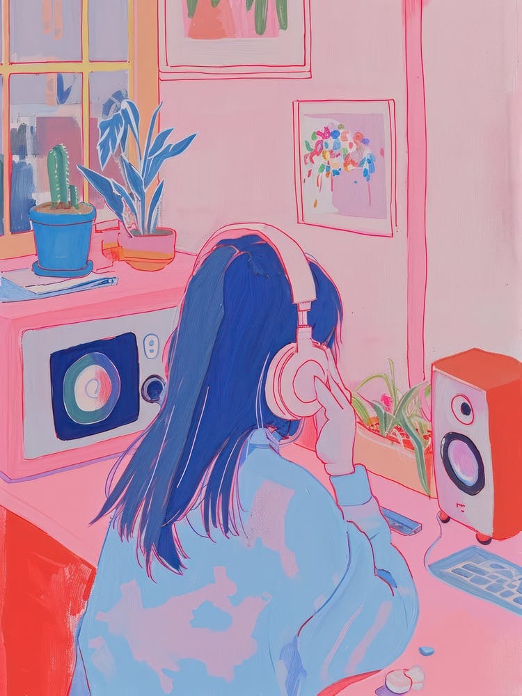 Girl Listening To Music Lo Fi Kawaii Illustration 3