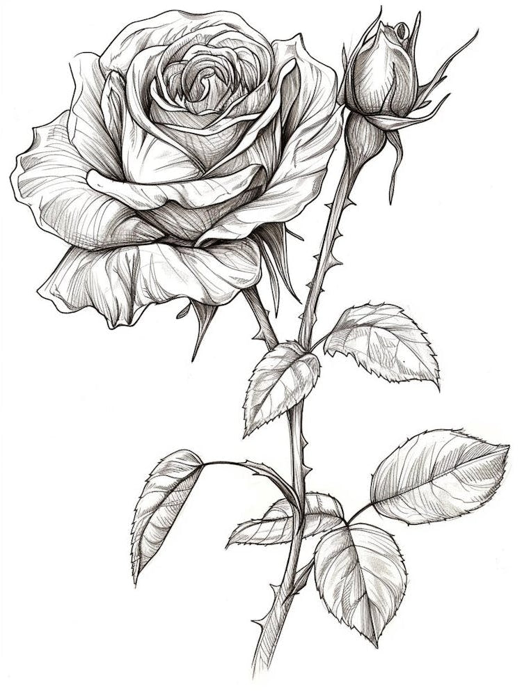 English Rose Black And White Line Drawing 41