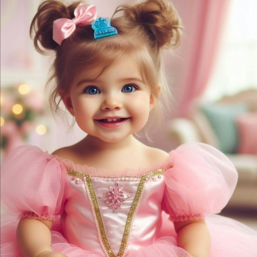 A pink dressed baby smiling