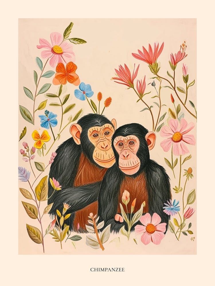 Dessin Animalier Floral Folklorique Chimpanzé 7 - Affiche
