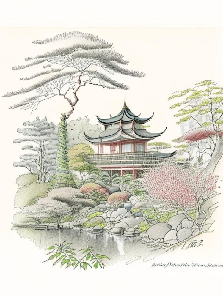 Kenrokuen, Japan Vintage Bleistiftzeichnung