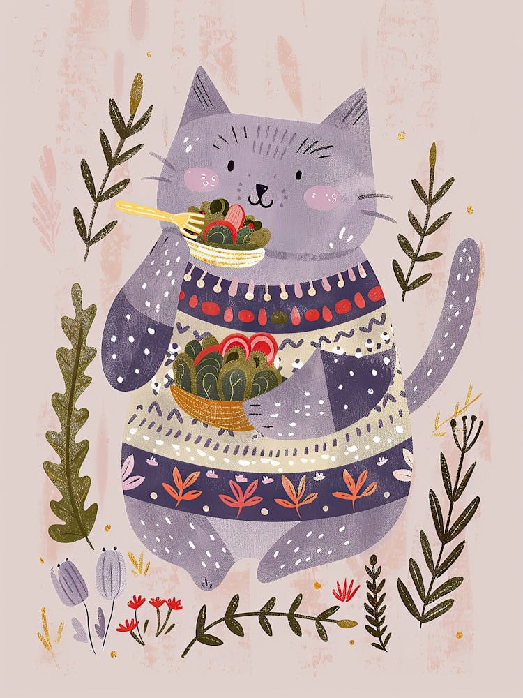 Cute Cat Eating Salad Folk Illustration 2