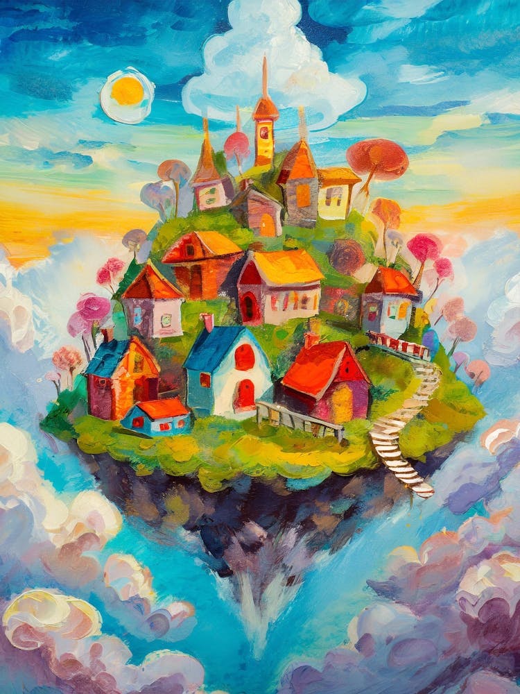 A Whimsical Village Floating In The Clouds