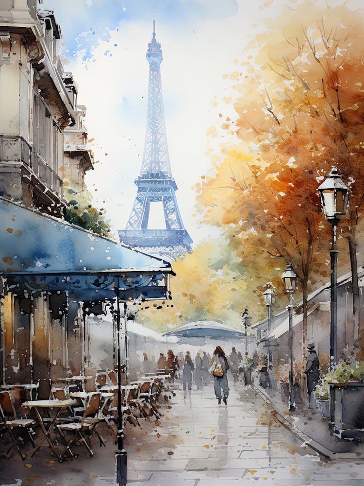 Paris France In Autumn Fall, Watercolour 2