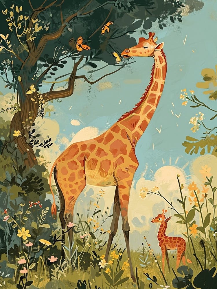 Storybook Style Illustration Of Giraffe & Calf