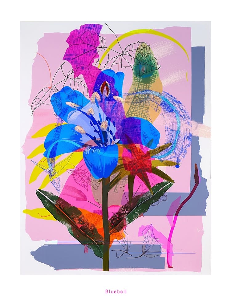 Bluebell 3 Neon Flower Collage Poster