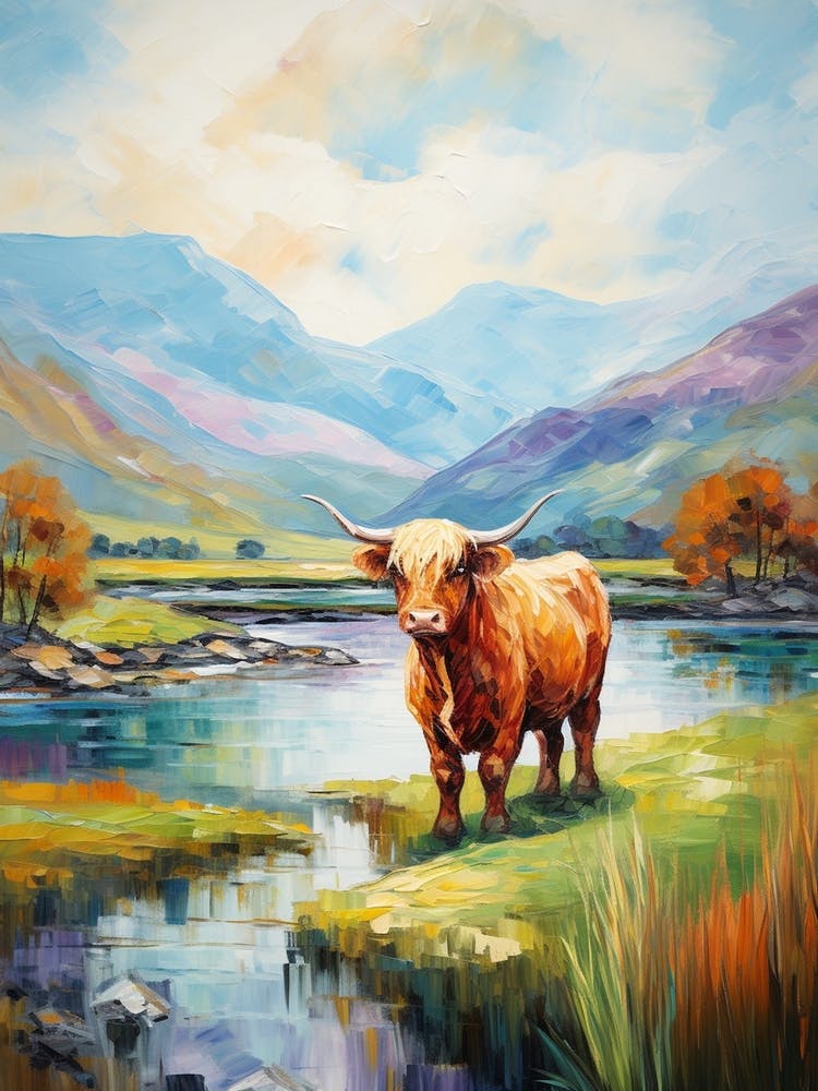 Impressionism Style Painting Of A Highland Cattle In The River 2