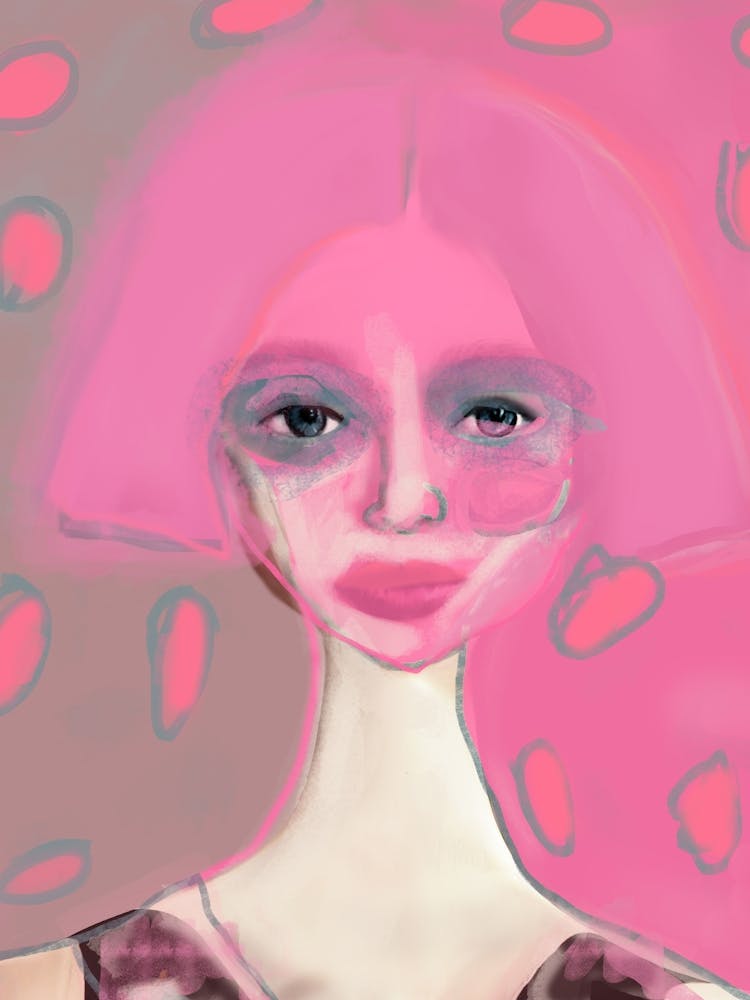 POLKA DOT PINK PORTRAIT - Fashion Illustration of Model with Pink Hair and Polka-Dots and Blue Eyes on Polka-Dots "Colt x Wilde"  Sherri Colter - Instagram @fashionillustrated.co.uk