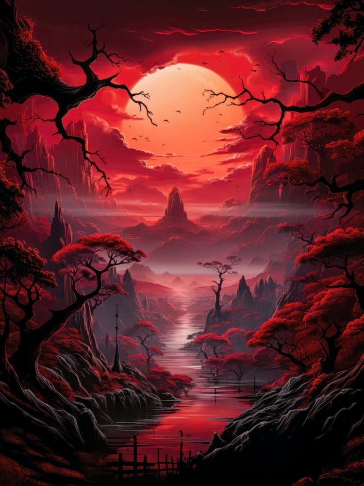 Red Asian Japanese Landscape Painting