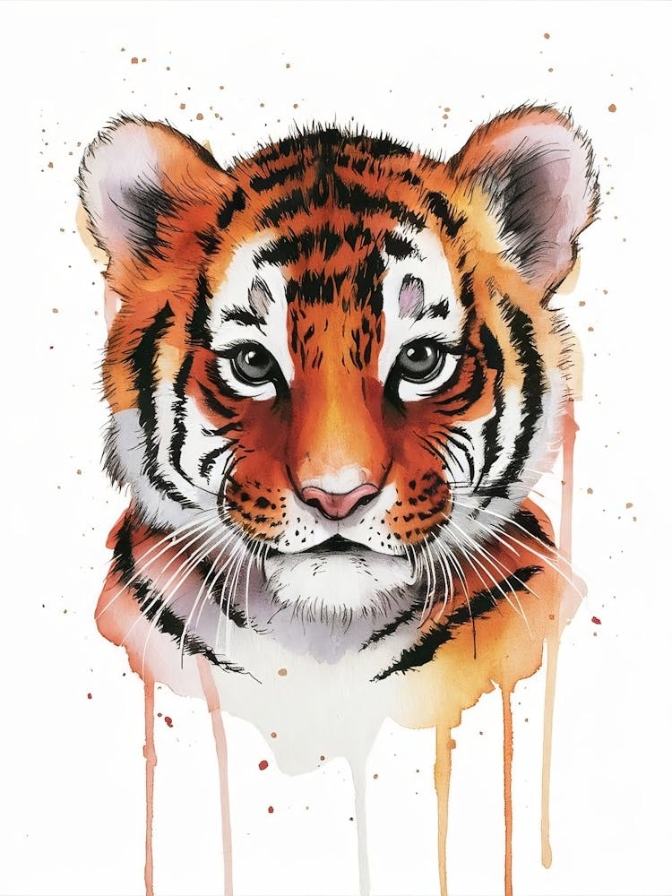 Portrait of Baby Tiger Watercolor Nursery Art