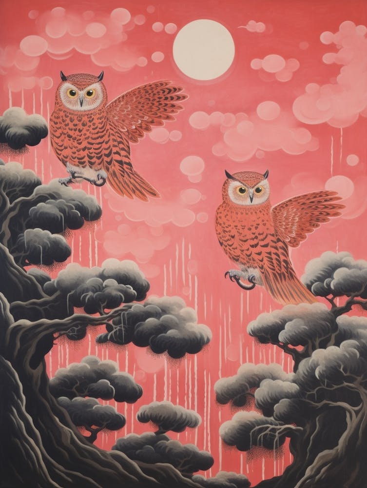 Vintage Japanese Inspired Bird Print Owl 1