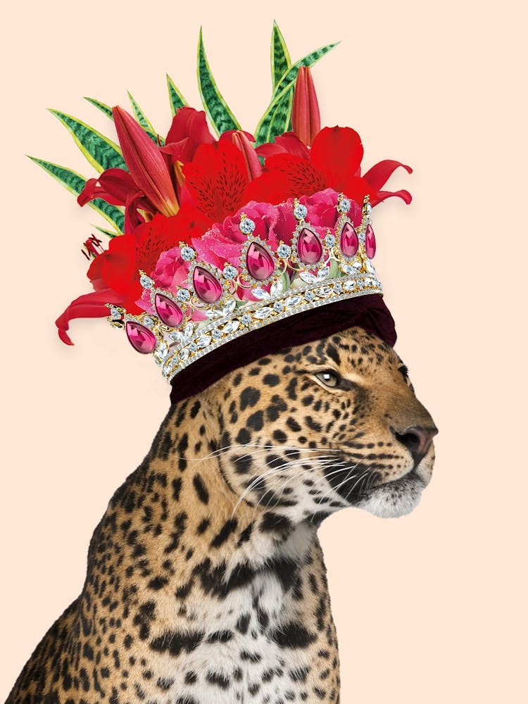 Royal Leopard Wearing Floral Crown In Cream