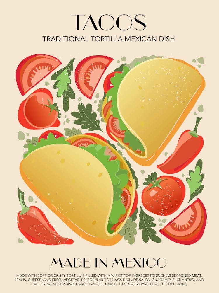 Tacos Print Kitchen Art Kitchen Poster Food Art Mid Century Modern Mexican Food