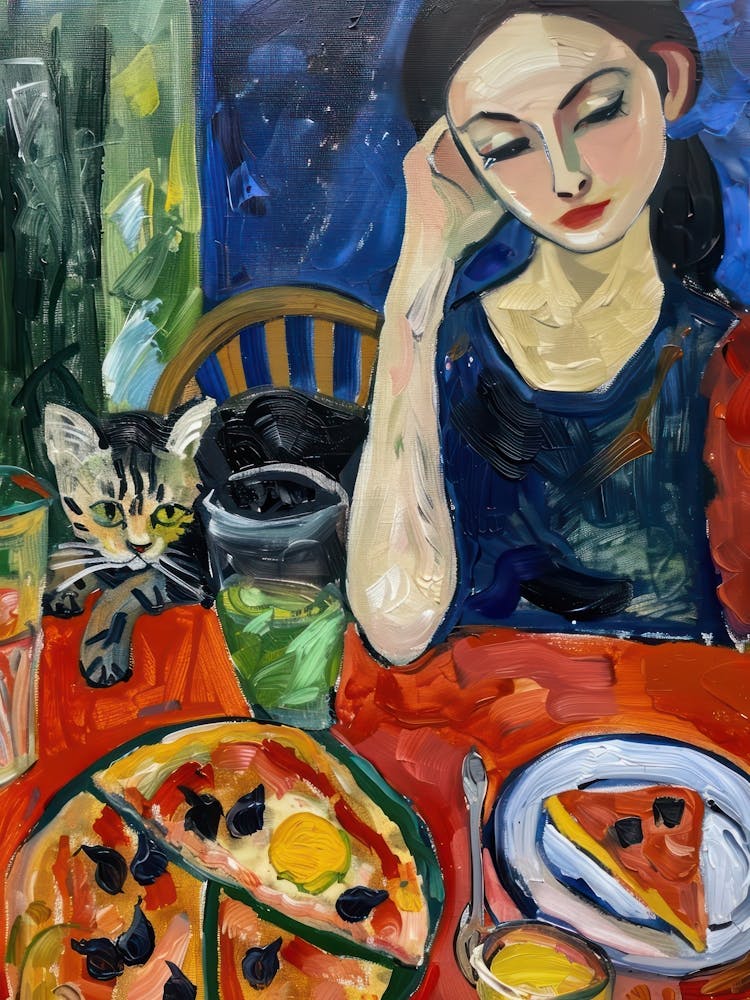 Portrait Of A Woman With Cats Eating Pizza 3
