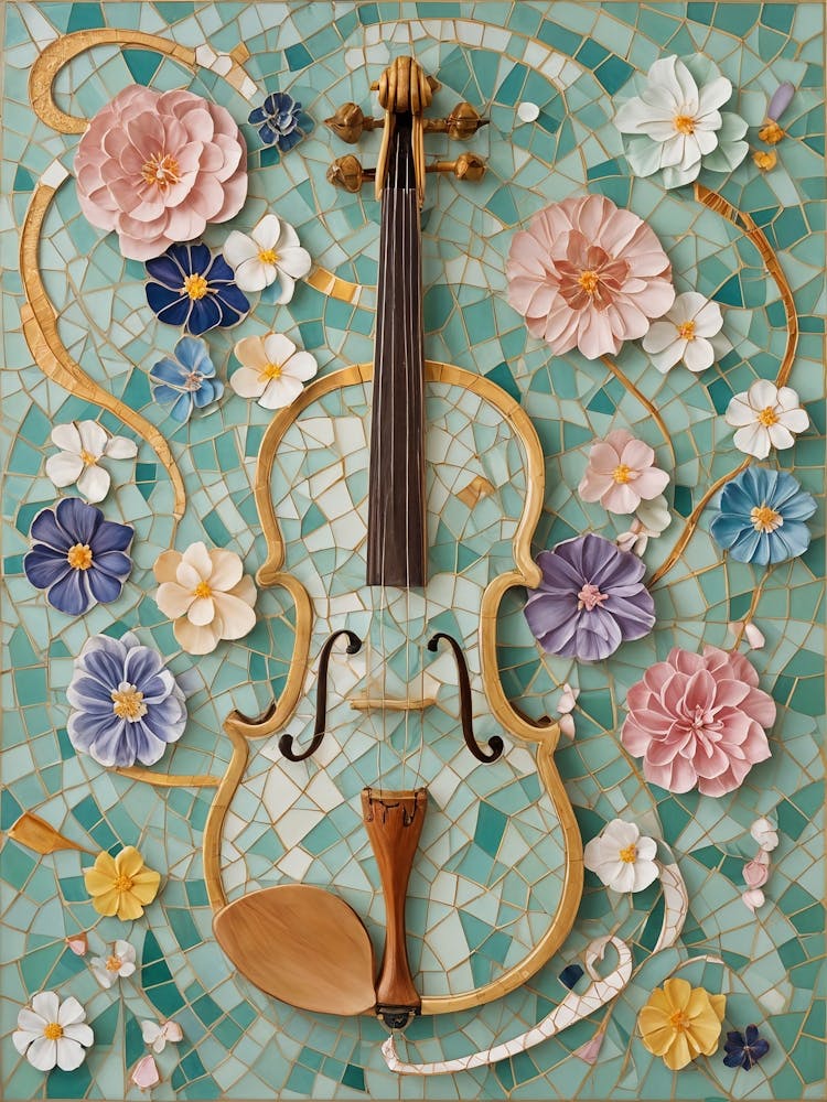Mosaic Violin And Flowers no2