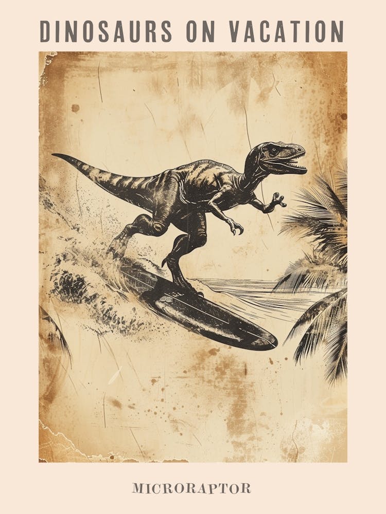 Vintage Microraptor Dinosaur On A Surf Board 2 Poster