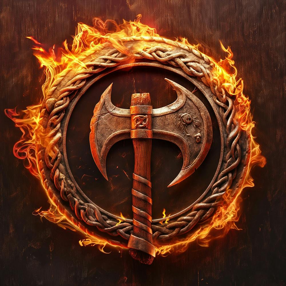 Fireman Logo With Axe And Flame,Hyper Realistic ,