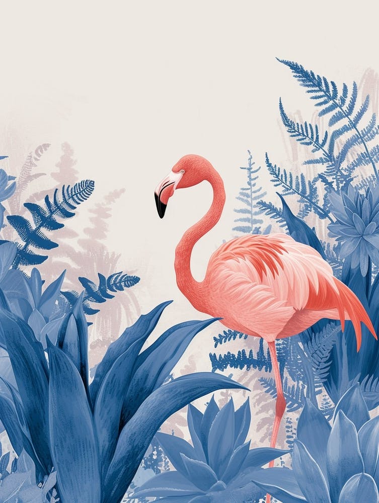 Andean Flamingo And Bromeliads Minimalist Illustration 4