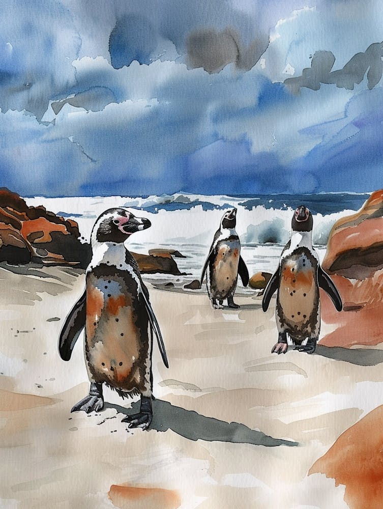 Humboldt Penguin Boulders Beach Simons Town Watercolour Painting 2