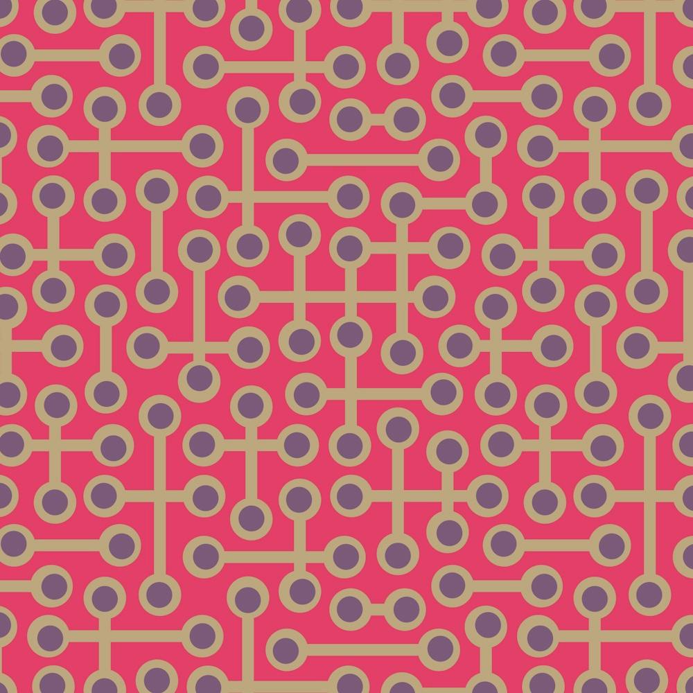 CIRCUITS Retro 1970s Mid Century Abstract Geometric Groovy Polka Dot in Vintage Purple and Beige on Fuchsia Hot Pink