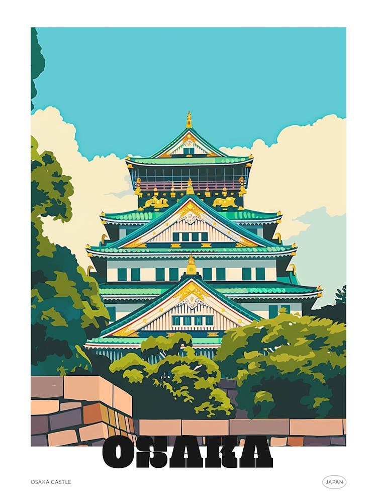 Osaka Castle 3 Colourful Illustration Poster