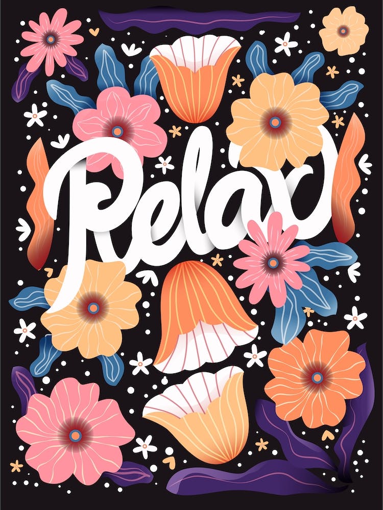 Relax Hand Lettering With Flowers Om Dark Background Square