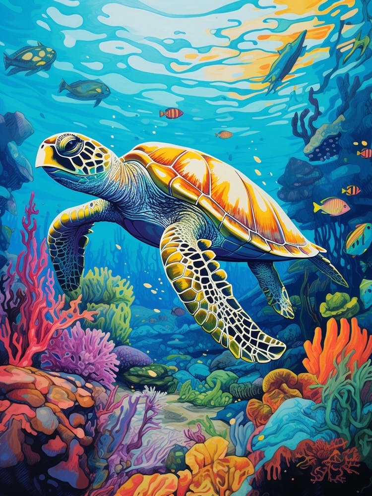 Sea Turtle In The Ocean Linograph Illustration 3