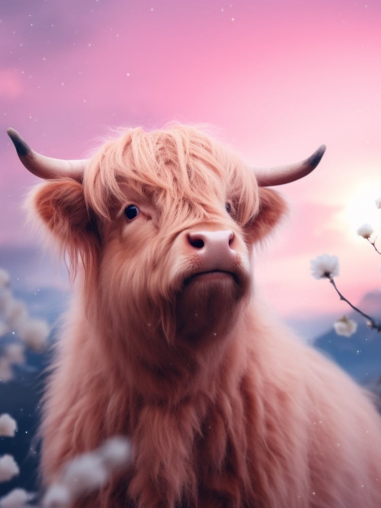 Highland Cow With Pink Dreamy Backdrop 2