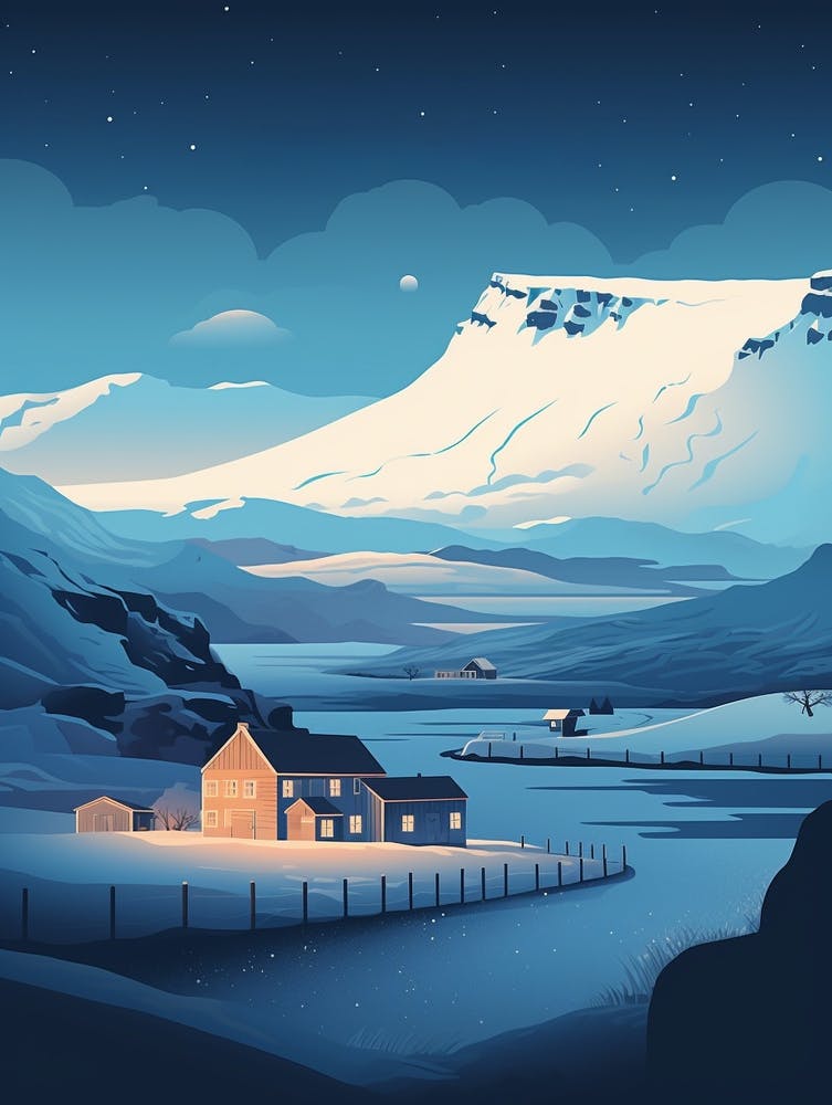 Winter Travel Night Illustration Iceland