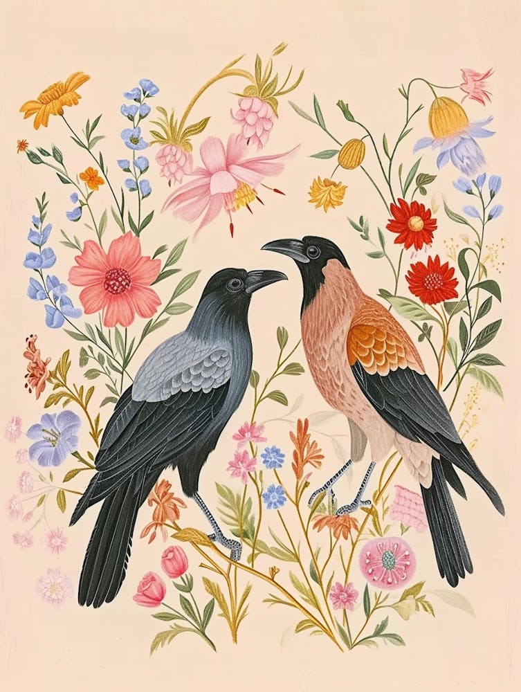 Folksy Floral Animal Drawing Crow