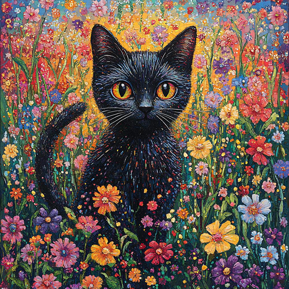 Black Cat In A Flower Field 4