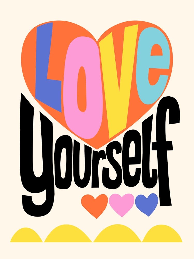 Love Yourself Colorful Folk Art Hearts Illustration
