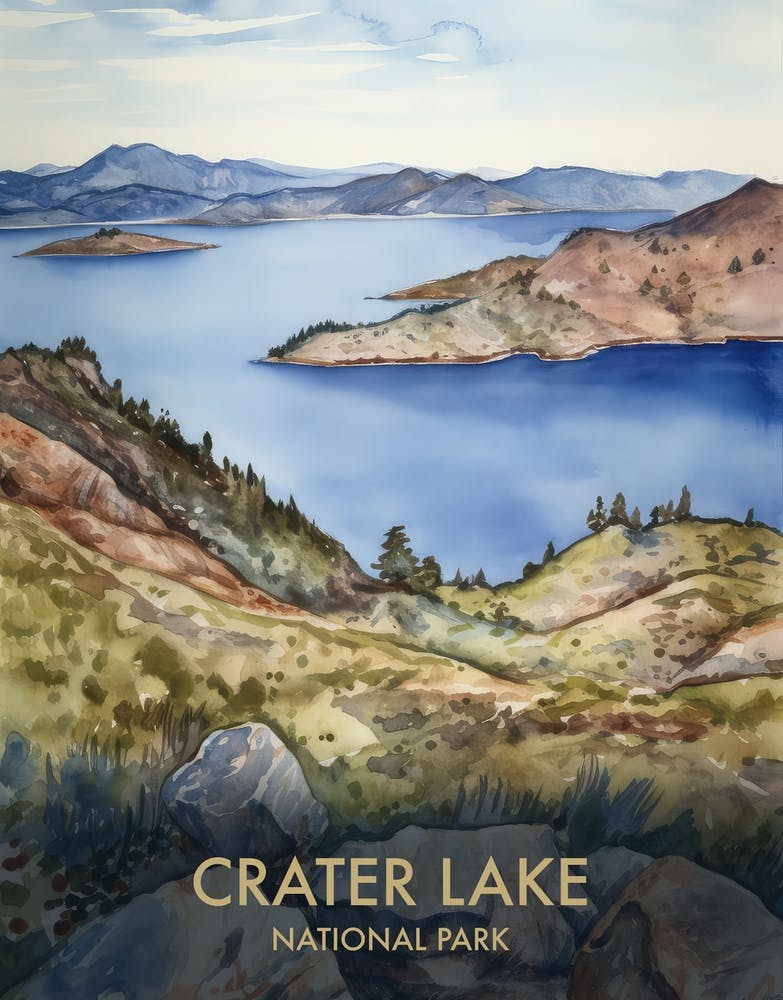 Crater Lake National Park Watercolour Vintage Travel Poster 2