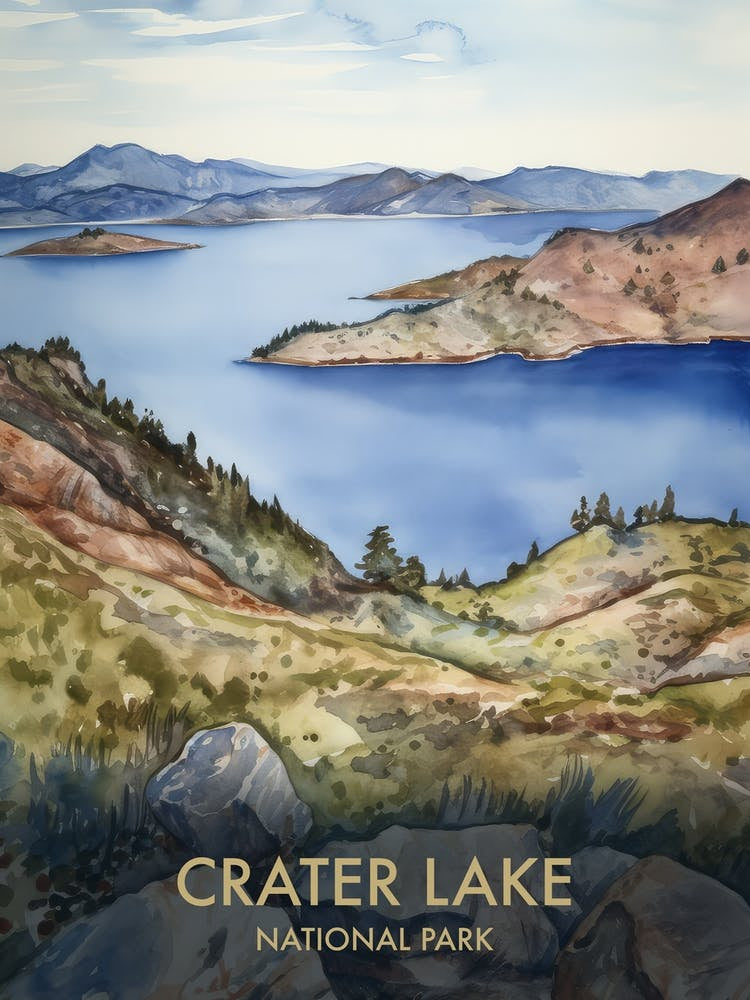 Crater Lake National Park Watercolour Vintage Travel Poster 2