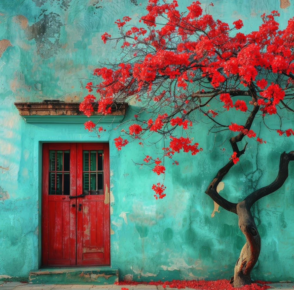 Red Tree In Front Of House