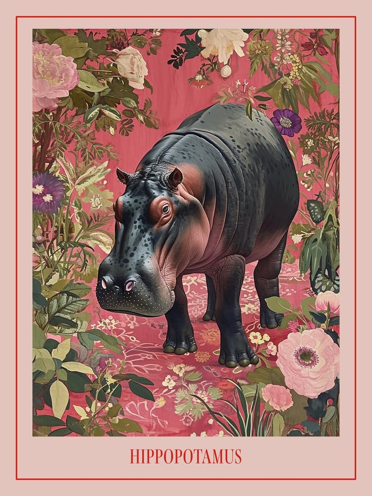 Floral Animal Painting Hippopotamus 2 Poster