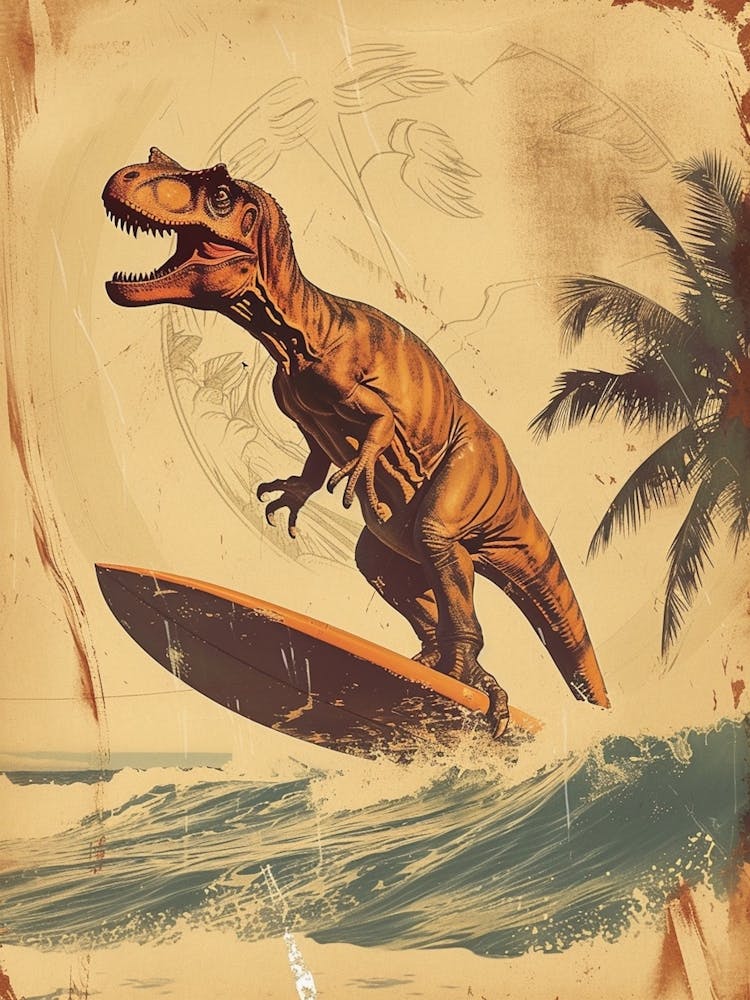 Vintage Tyrannosaurus Dinosaur On A Surf Board  1