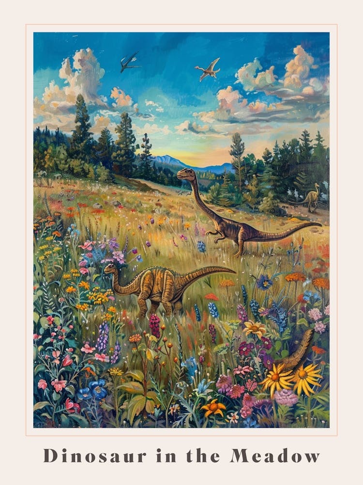 Dinosaur In The Meadow Painting 2 Poster